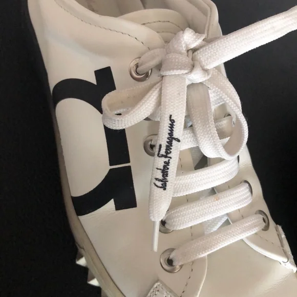 Salvatore Ferragamo White and Black Gancini Sneakers